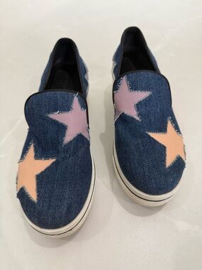 Stella McCartney Blue Denim and Leather Bins Star Platform Slip On Sneakers